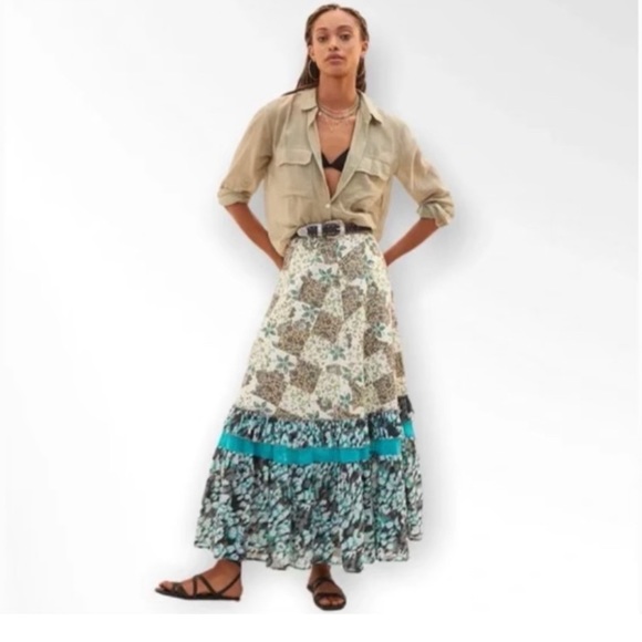 🆕 Anthropologie Raga Floral Patchwork Maxi Skirt Aqua Green Tan - Picture 2 of 9
